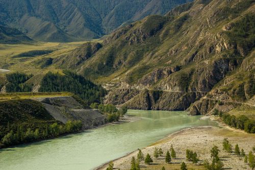 Free Breathtaking landscape of river cutting through lush mountains in Altai, Russia. Stock Photo