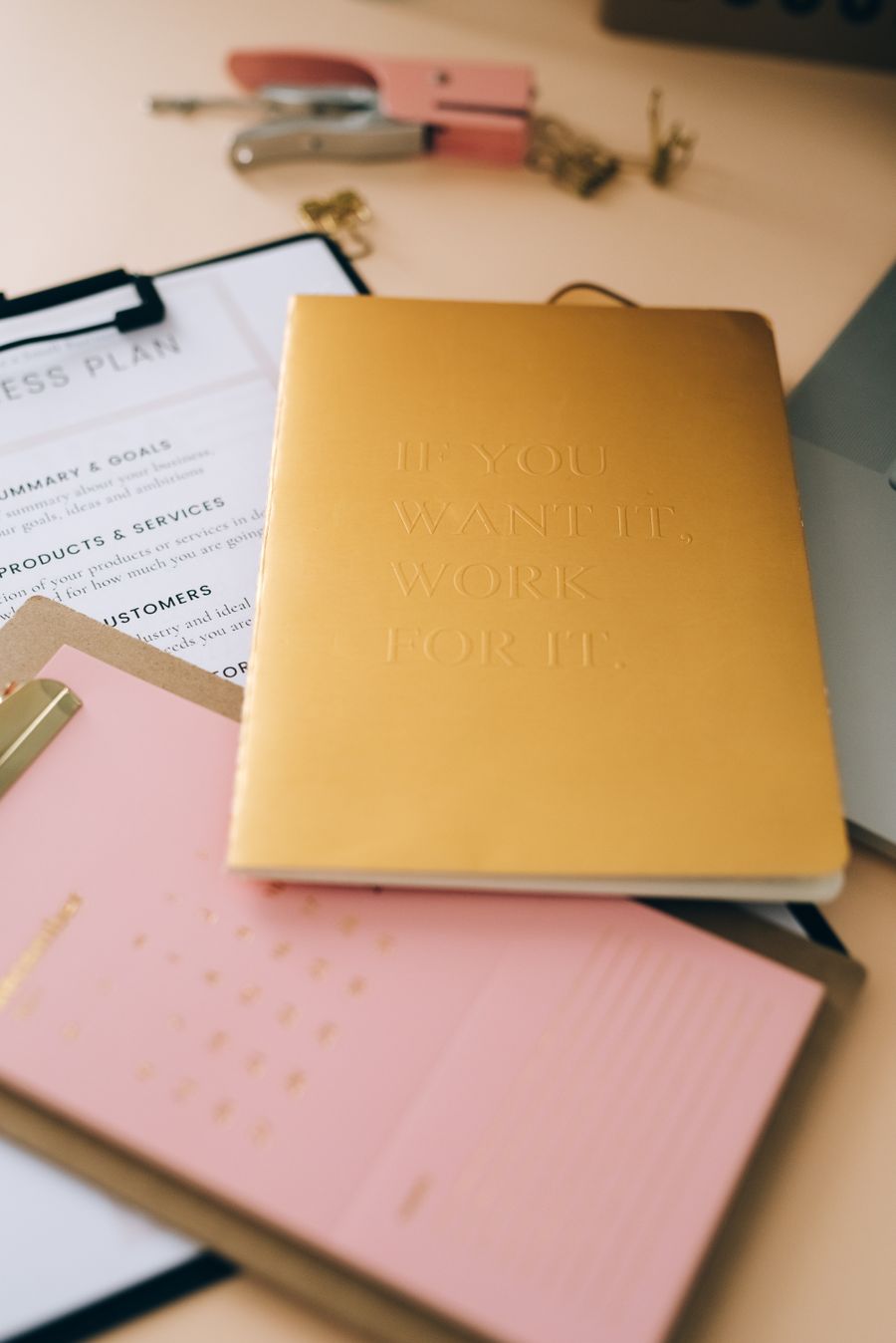 Company documents laid out on a desk