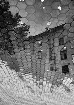 Reflection of historic building in a wet pavement puddle in St. Petersburg.