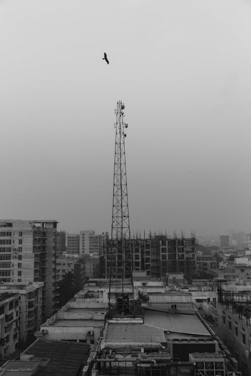 A Grayscale of an Antenna Tower over a Building