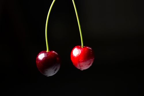 Free Close-up image of two fresh cherries with stems on a black background. Stock Photo