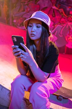Portrait of a young woman wearing a bucket hat, using a smartphone in a vibrant skatepark setting.