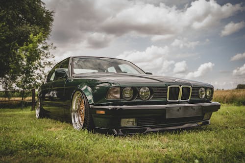 Free Front View of Dark Green Bmw Parked On Grassland Stock Photo