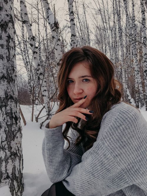 Free A young woman poses gracefully in a winter birch forest, wearing a grey sweater. Stock Photo