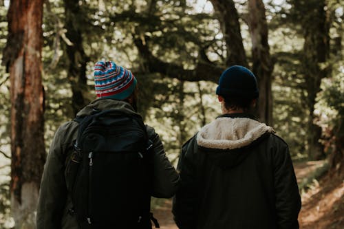 Two People Wearing Hoodie Jackets and Knit Hats Walking in the Woods