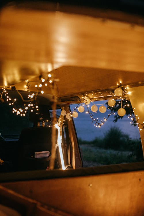 String Lights Hanging Inside the Camper Van 