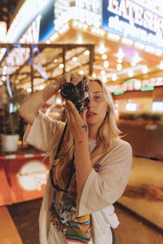 A young woman captures the vibrant city nightlife with her camera.