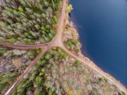 Free Drone shot of forest crossroads in Nittedal, Norway, beside a serene lake. Stock Photo