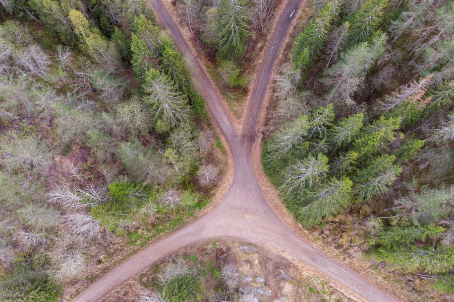 A bird's-eye view of a forest road intersection in Nittedal, Norway.