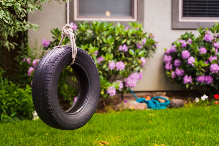 Black Tire Swing Hanging On Rope