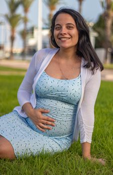 Smiling pregnant woman in a blue dress sitting on grass enjoying a sunny day.