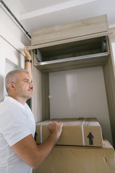 Man in white shirt organizing cardboard boxes inside a wardrobe.