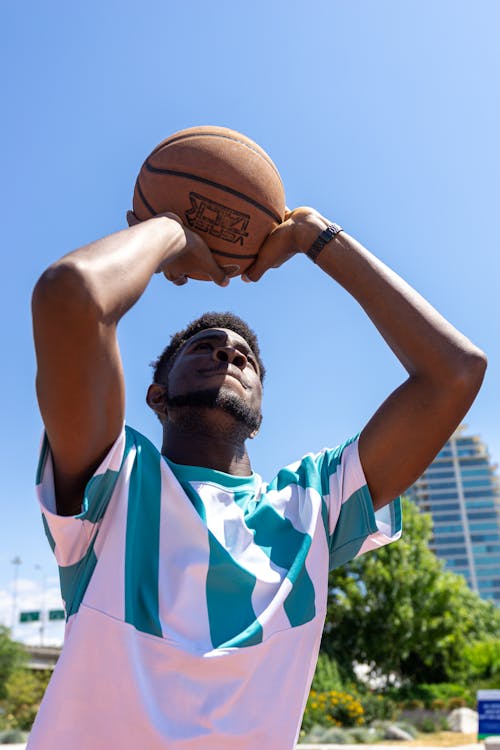 Man With Hands Above Head Holding A Basketball 