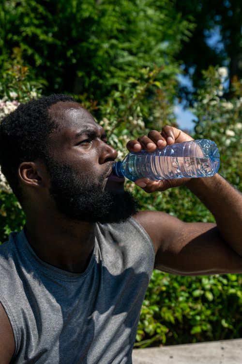 Free Athletic man drinking water from plastic bottle in sunny outdoor setting. Stock Photo