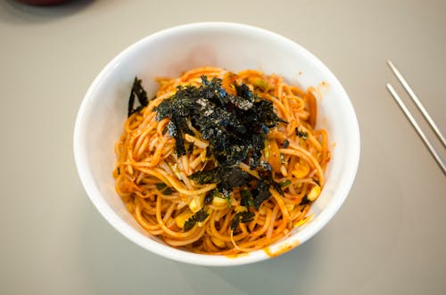 Close-Up Photo of Delicious Bean Sprouts with Nori in a Bowl