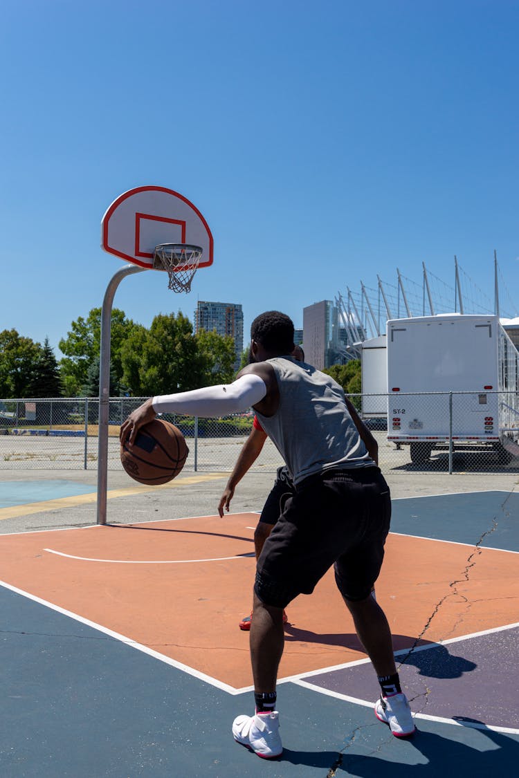 Back View Of A Man Playing Basketball