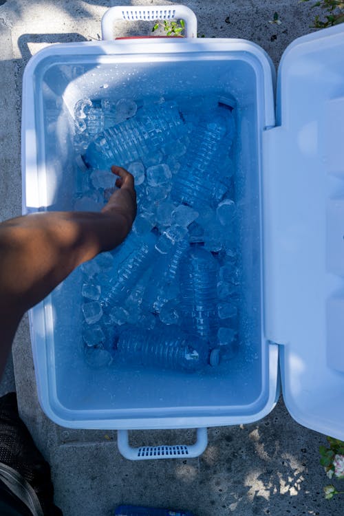 High-Angle Shot of a Person Getting Water Bottle in a Cool Box