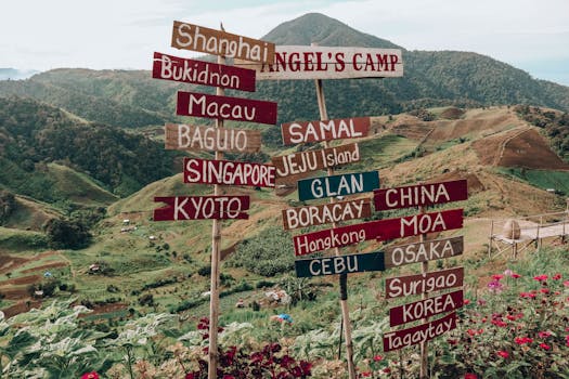 Vibrant signpost with global city names set against Digos City's lush green hills.