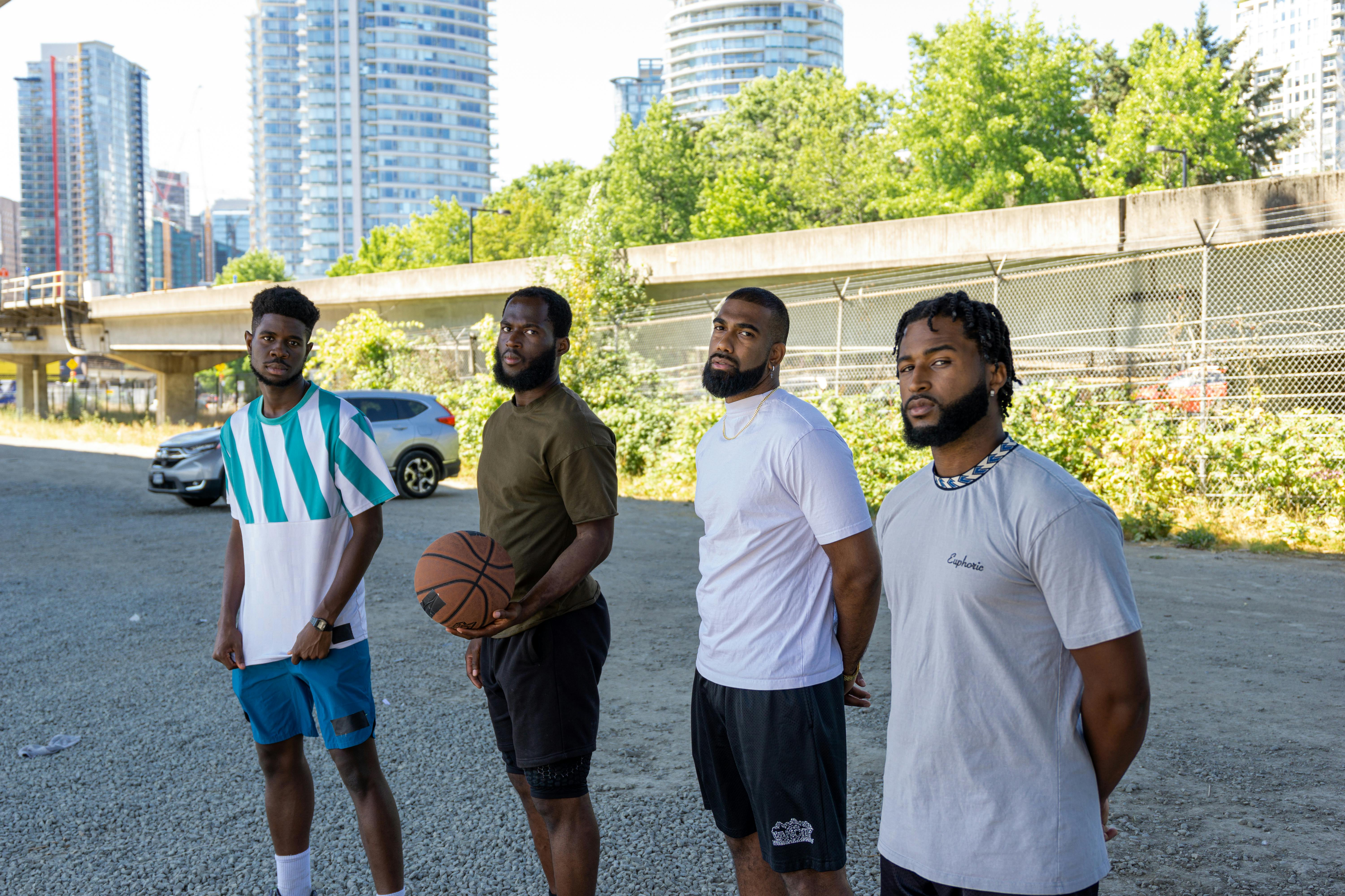 group of friends in activewear looking at camera