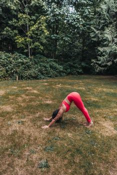 A woman practices yoga outdoors in a serene forest setting, focused on health and wellness.