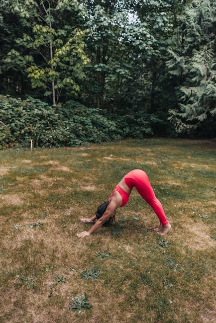 A woman practices yoga outdoors in a serene forest setting, focused on health and wellness.