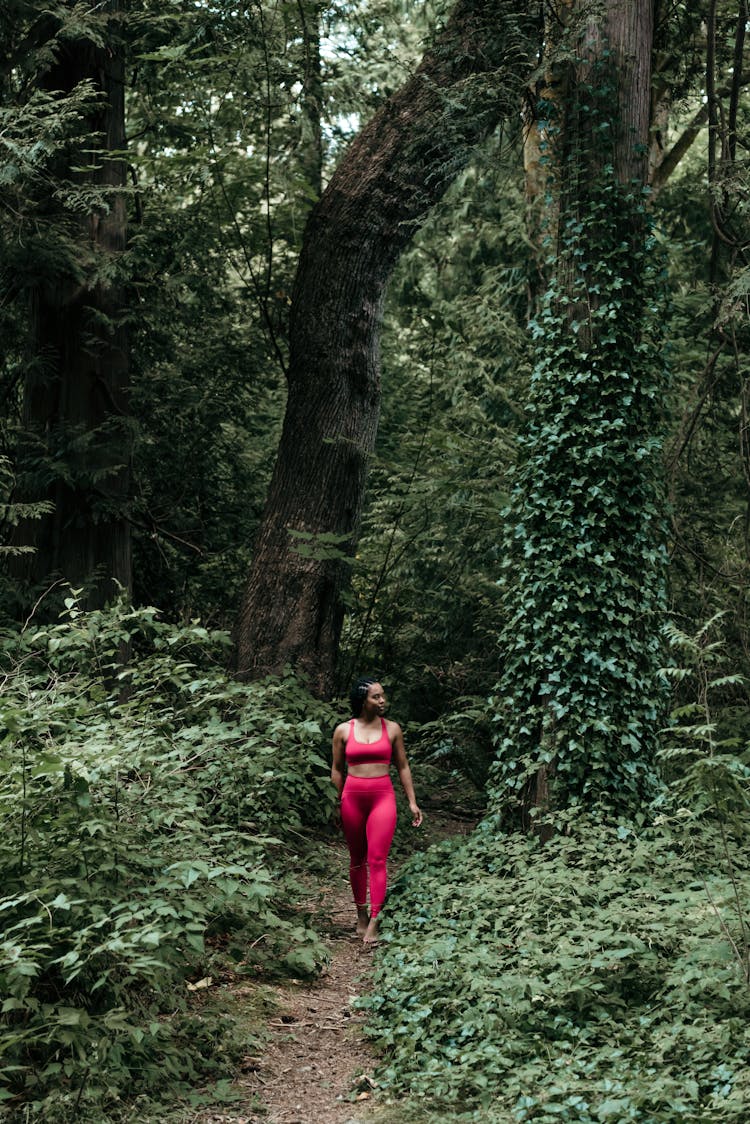 A Woman Walking In A Forest