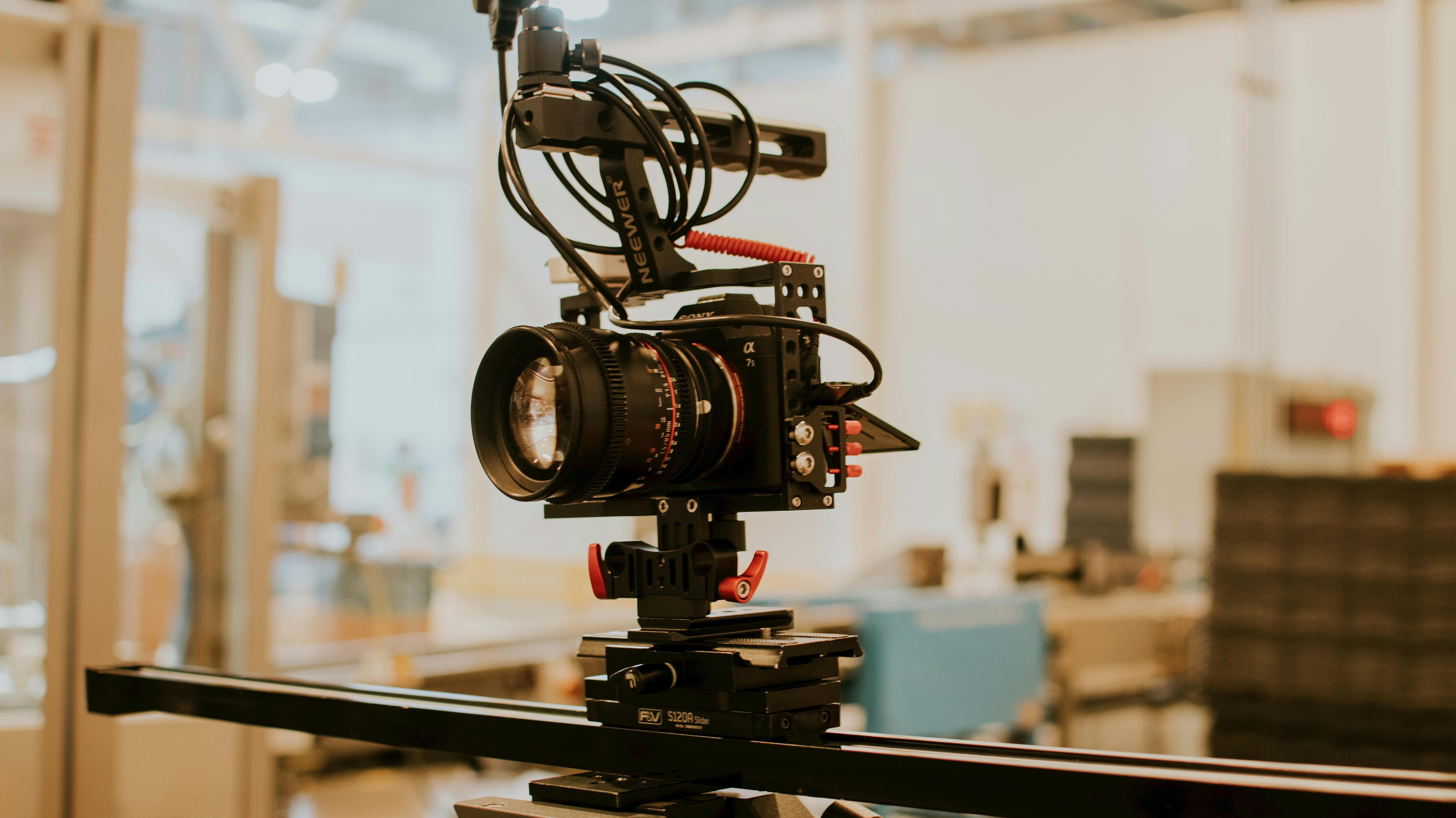A high-end camera rig set up in a modern studio environment.