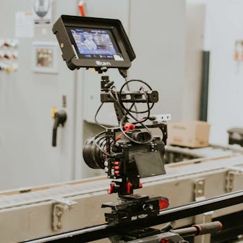 Close-up of a professional camera rig on a video slider in an indoor studio setting.