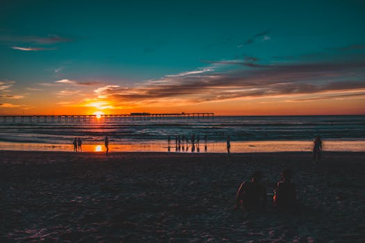 Silhouetted figures enjoy a vibrant seaside sunset at Ocean Beach Pier.