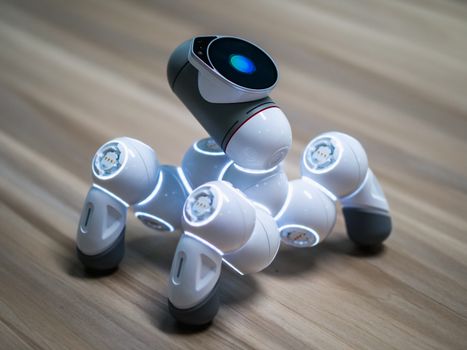 Close-up of an advanced robotic pet dog demonstrating modern technology.