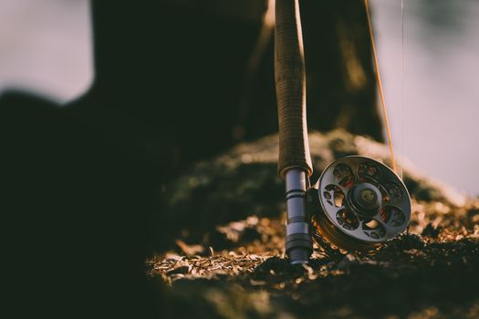 Detailed close-up of a vintage-style fishing rod and reel resting on autumn ground; a serene outdoor scene.