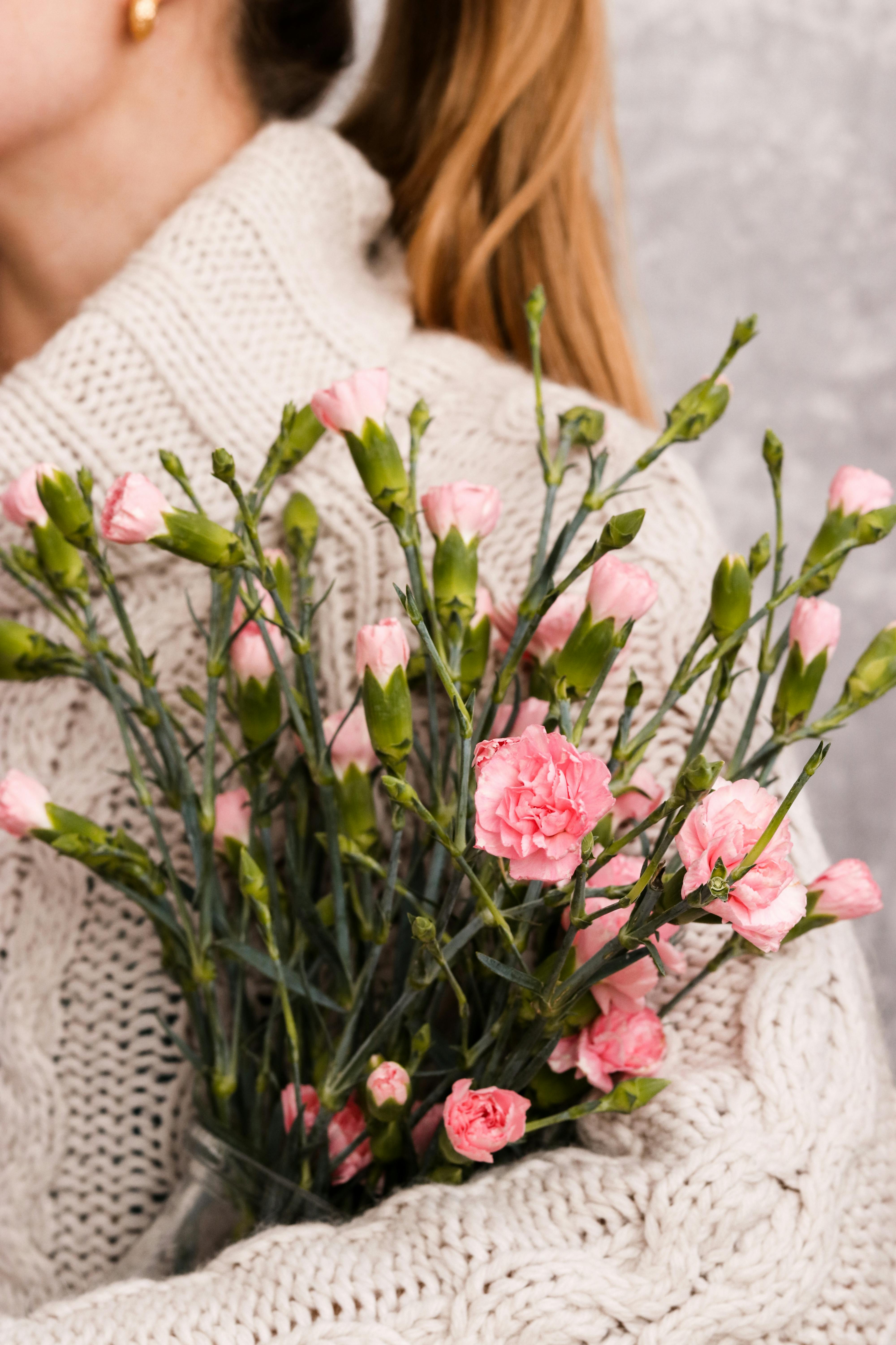 A woman in a knit sweater holds a bouquet of pink carnations, creating a warm and elegant scene.