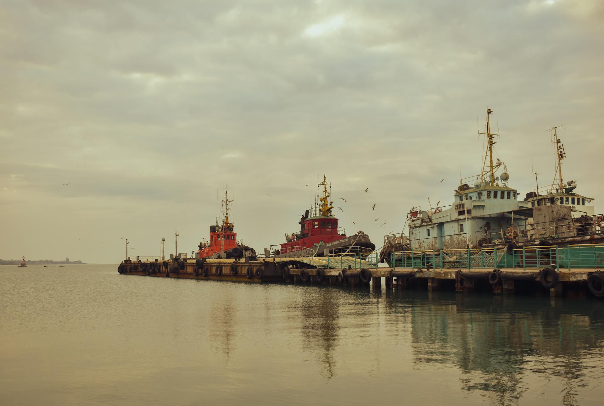 Tugboats rest peacefully at a harbor under a cloudy sky, with birds flying above.