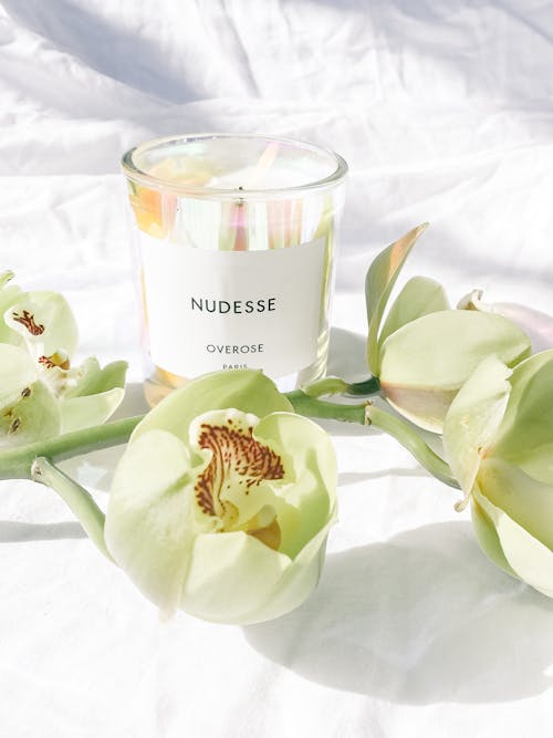 Free A Burning Scented Candle Surrounded by Flowers Stock Photo