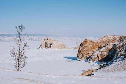 Snow Covered Ground With  Brown Rocks