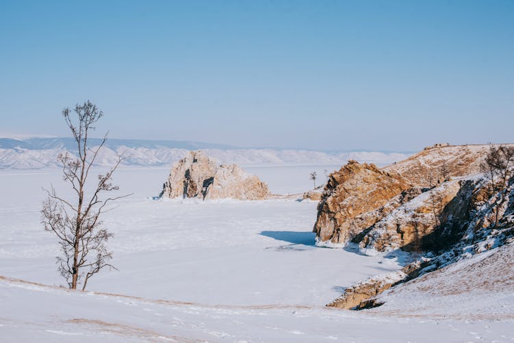 Snow Covered Ground With  Brown Rocks