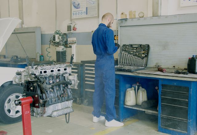 Mechanic working on an engine with steam around