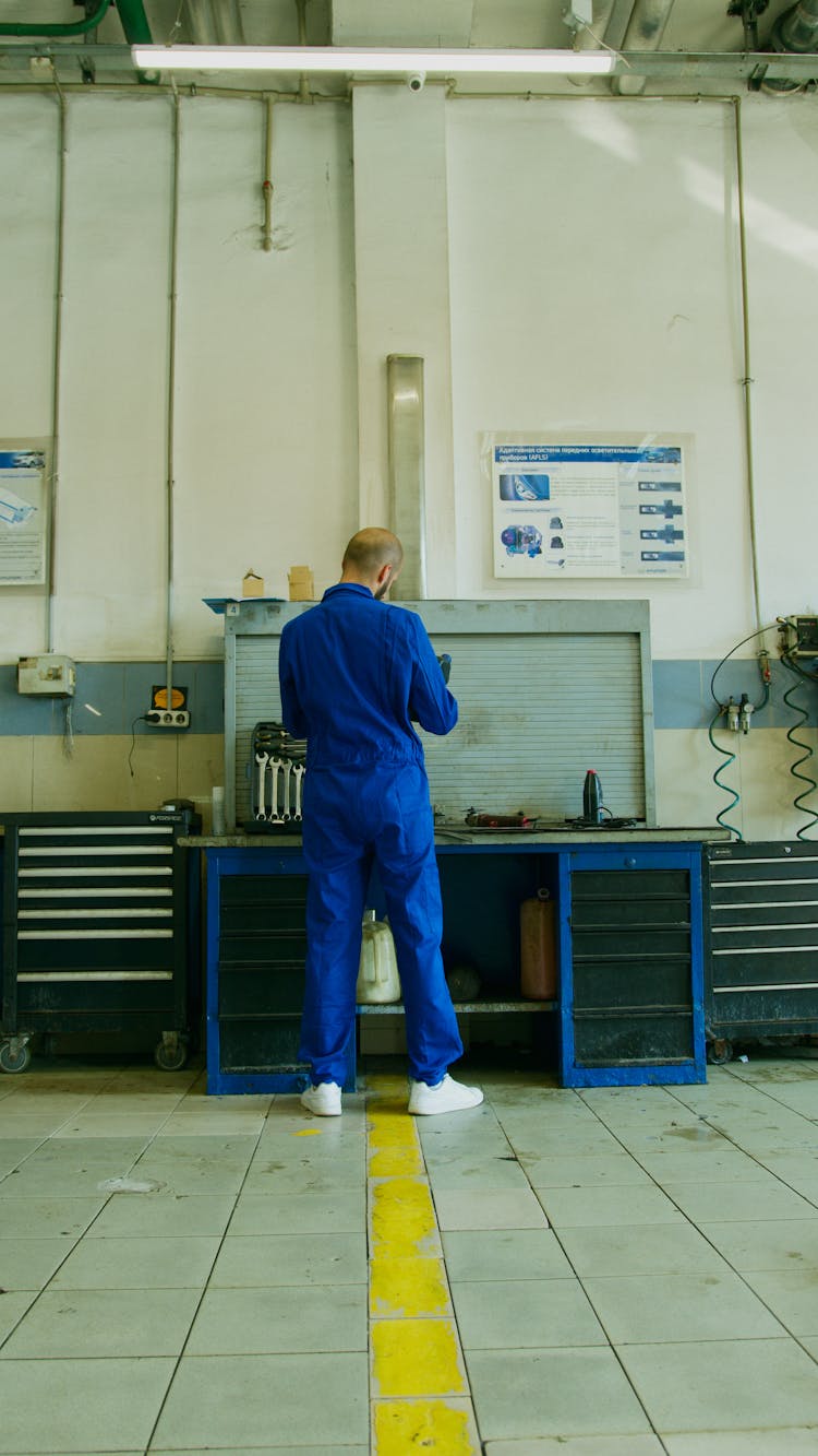 A Man In Blue Coveralls Working In Mechanic Shop