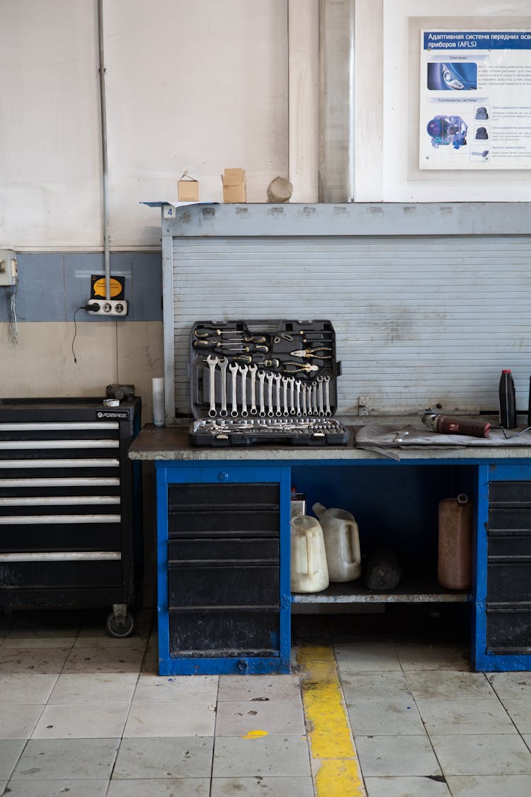 Set Of Mechanic Tools On Top Of A Cabinet 