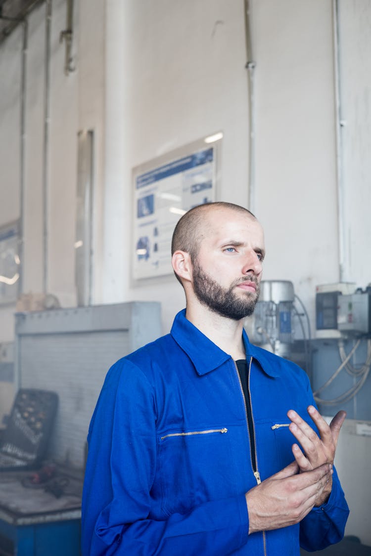 Man Wearing Blue Coverall 