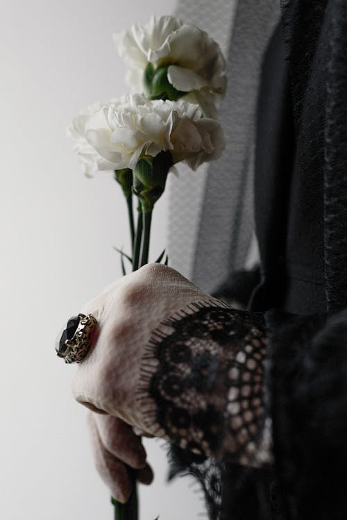 Close-Up Shot of a Person Holding White Roses