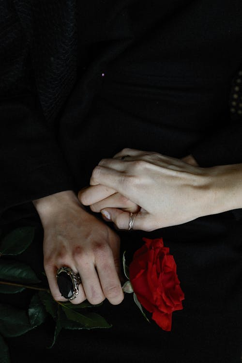Person Wearing Ring and Holding a Red Rose