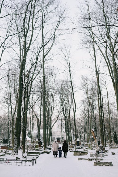 People Walking Together on a Snowy Cemetery