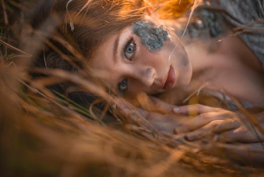 Close-up portrait of a woman with artistic makeup, lying on grass, surrounded by warm tones.