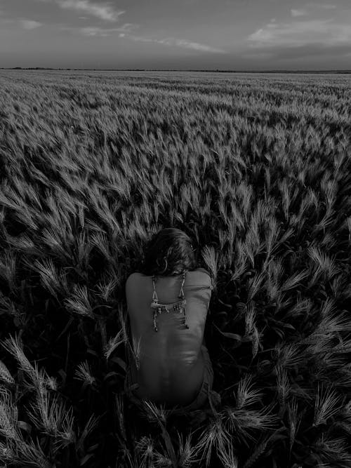 Woman Sitting on a Grass Field