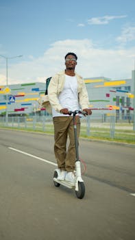 Man commuting on electric scooter in urban area, showcasing modern eco-friendly transportation.