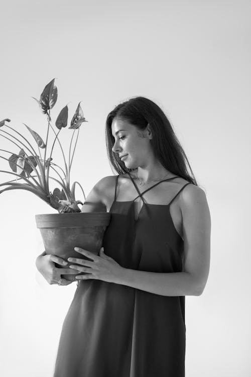 A Woman Holding a Potted Plant