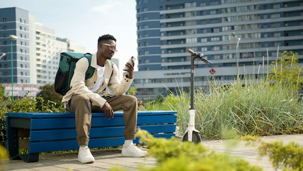 A delivery man sits on a bench with a thermal bag and electric scooter, using a cellphone in a city landscape.