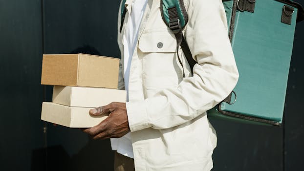 Close-up of a delivery person holding cardboard packages outdoors, showcasing modern urban logistics.