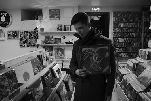 Young man in vintage store selecting vinyl records, exuding retro vibes.